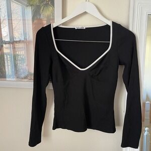 Reformation Elie Ribbed Long Sleeve Contrast Trim Top in Medium